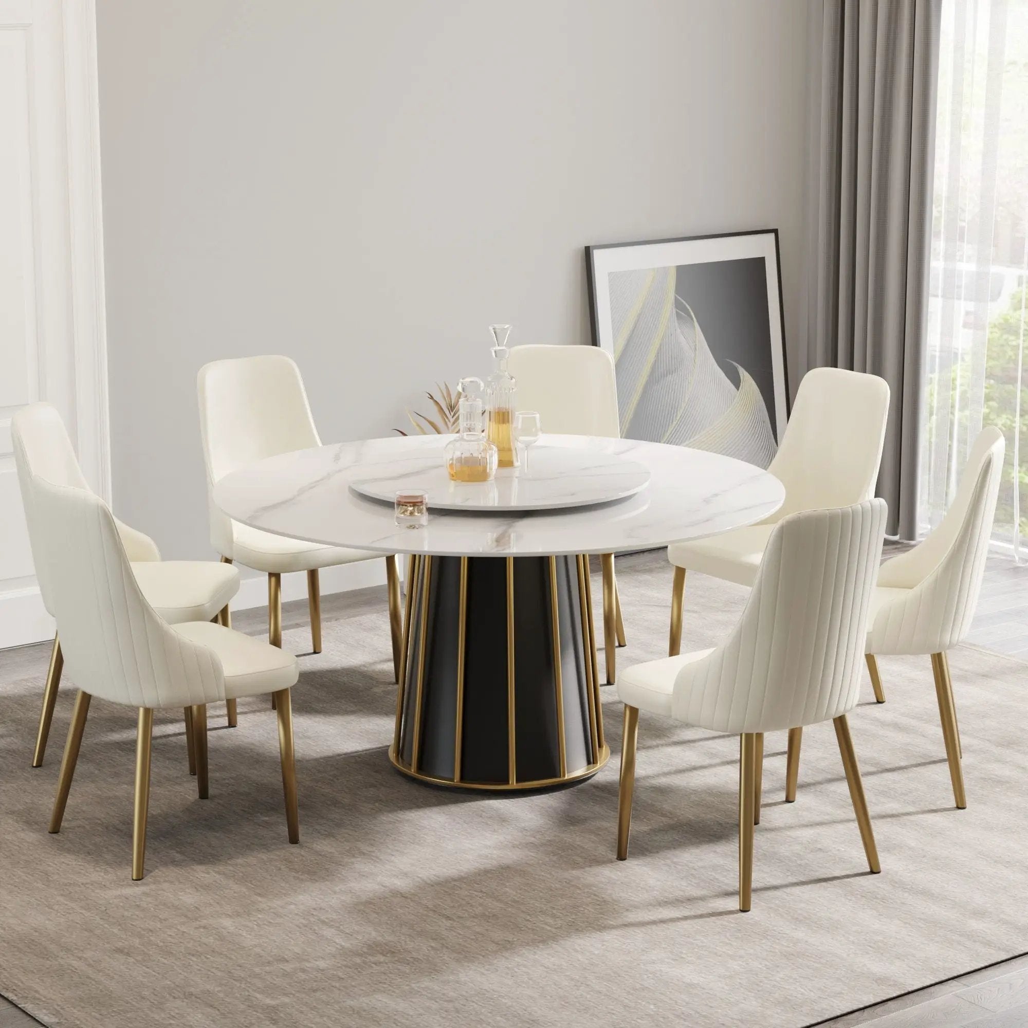 59.05" Modern Artificial Stone Round Panel Metal Iron Base Dining Table, Can Accommodate 8 People Artificial Stone Turntable (Not Including Chairs) - White / Black by HouseOfZazla