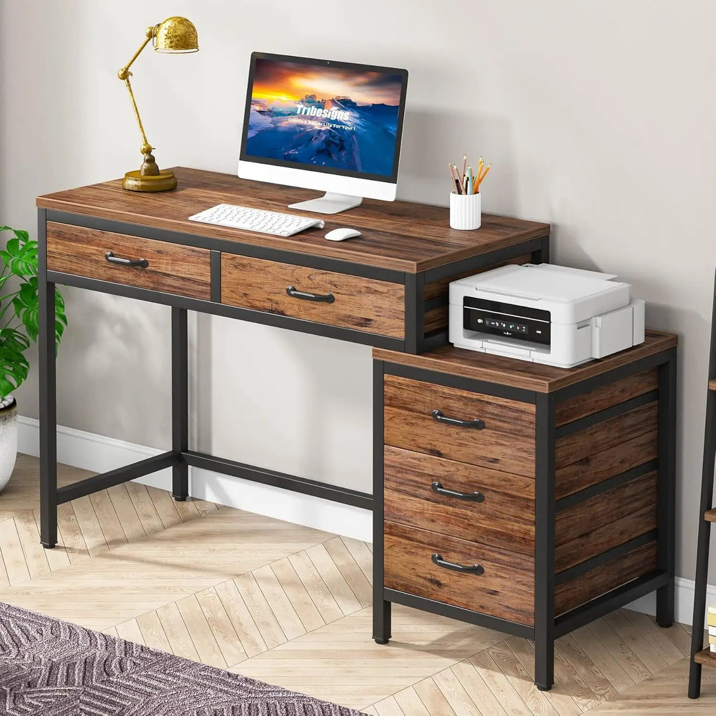 Computer Desk With Reversible 5 Drawer Storage, Frame Writing Table For Small Spaces by HouseOfZazla