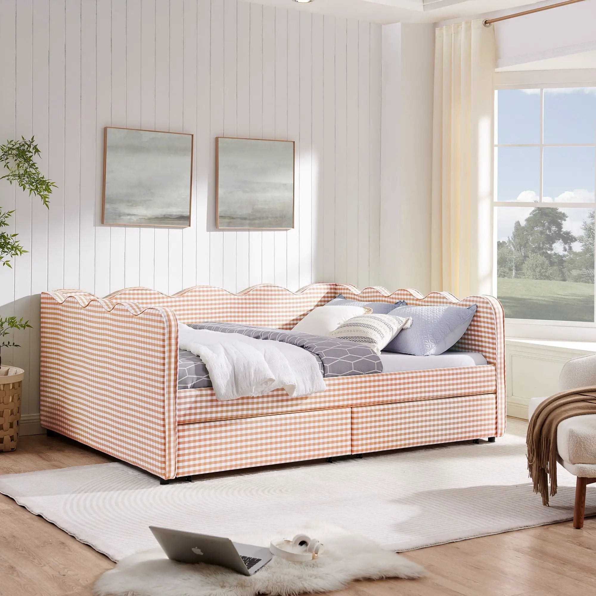 Gingham Daybed With USB Charging Port, Wave-Shaped Design by HouseOfZazla