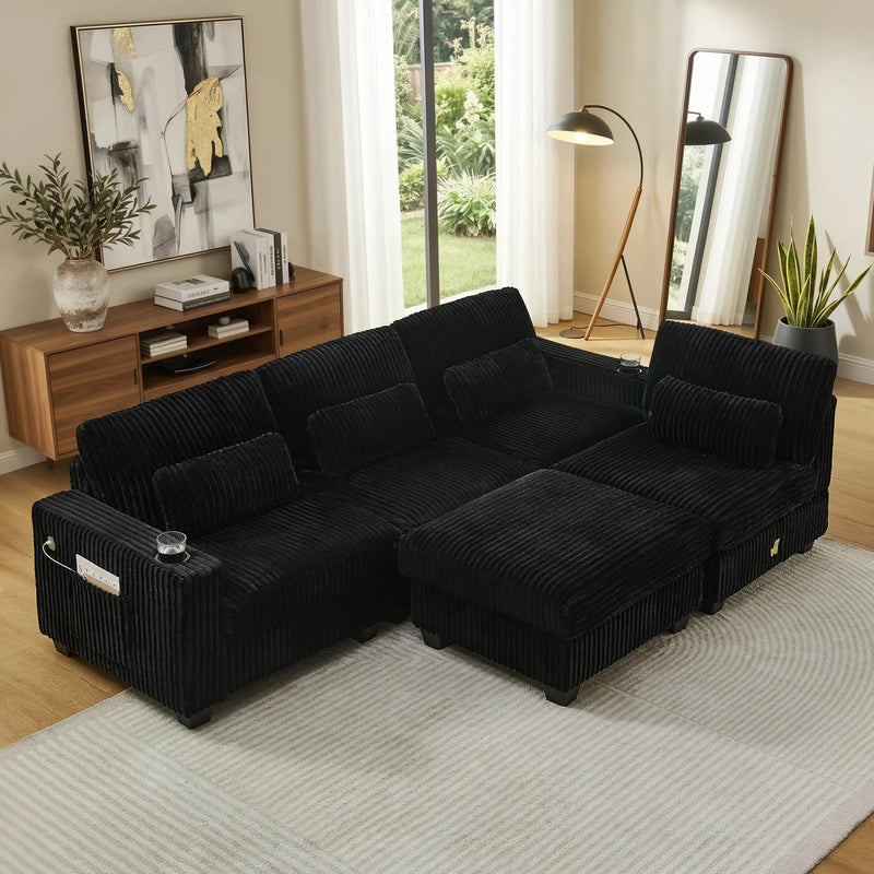 L-Shaped Corduroy Modular Sectional Sofa with Detachable Footrest by HouseOfZazla