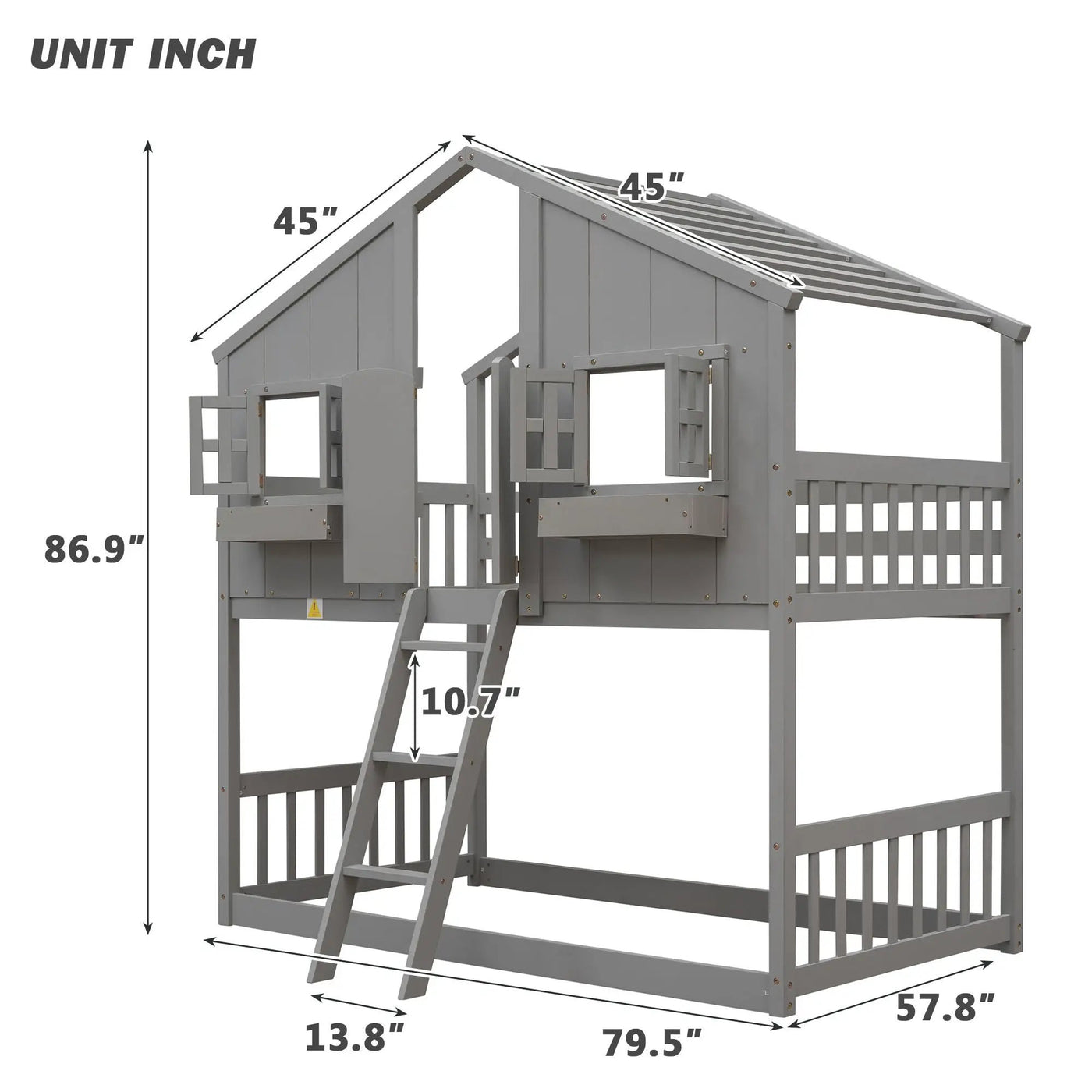 House Bunk Bed With Roof, Window, Window Box, Door, With Safety Guardrails And Ladder by Unique Piece Furniture