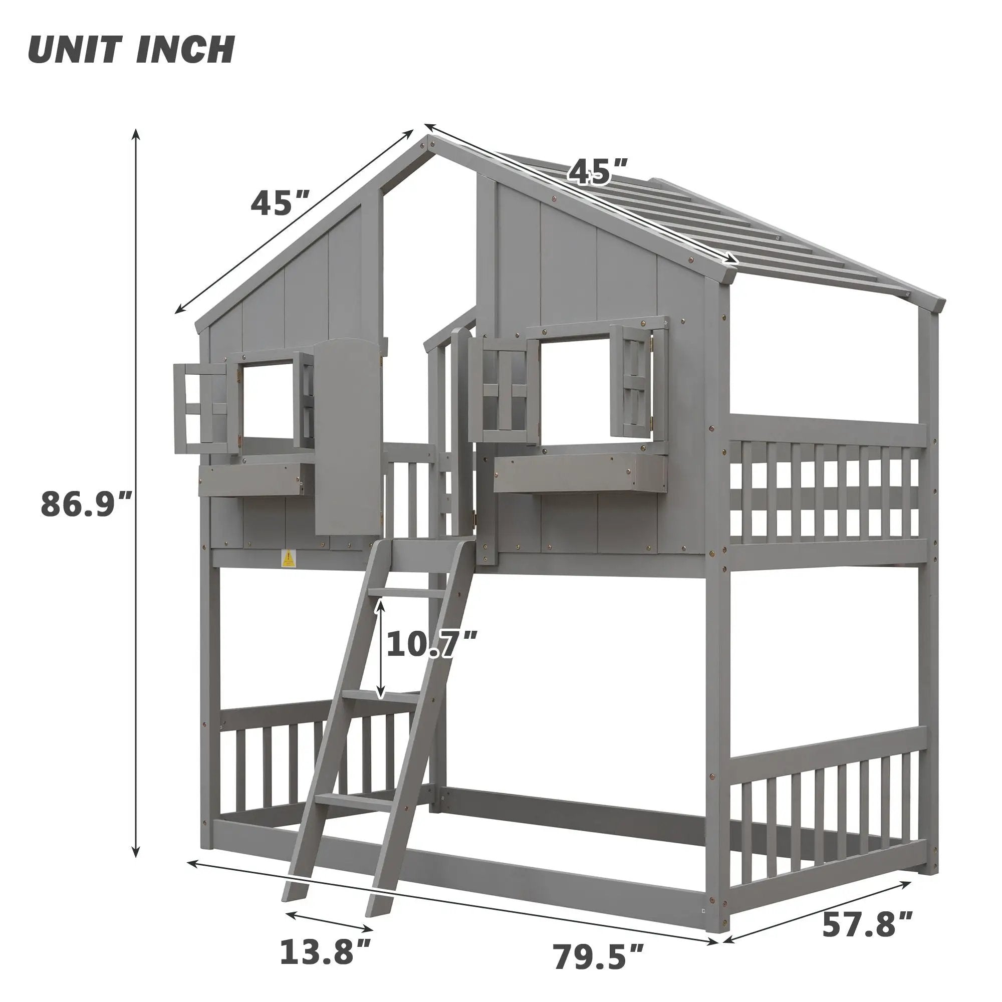 House Bunk Bed With Roof, Window, Window Box, Door, With Safety Guardrails And Ladder by Unique Piece Furniture