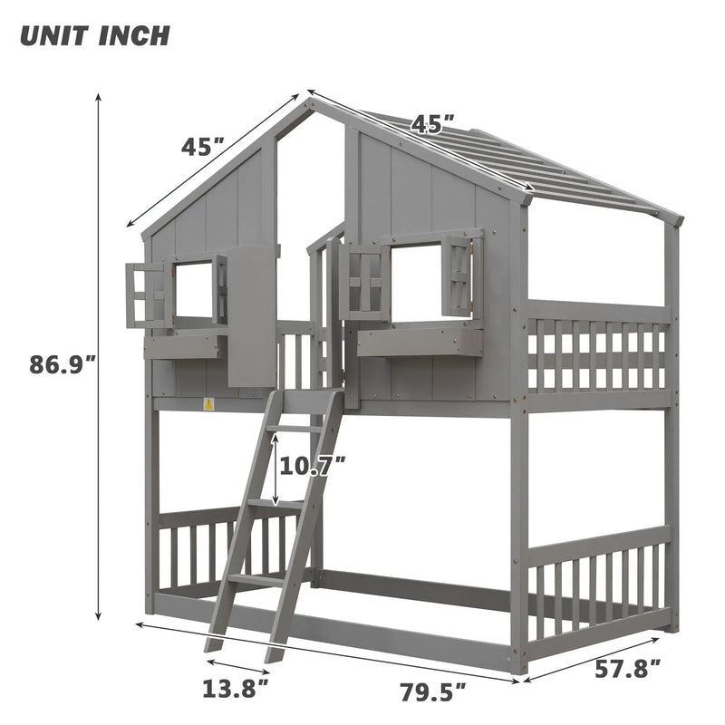 House Bunk Bed With Roof, Window, Window Box, Door, With Safety Guardrails And Ladder by HouseOfZazla