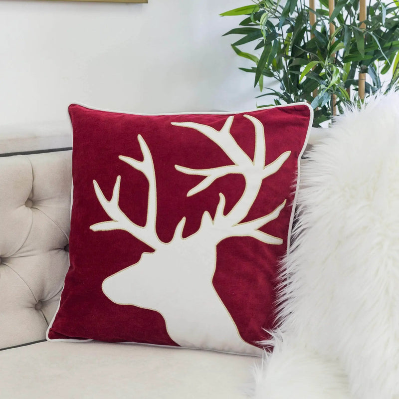 Holiday Reindeer Velvet Accent Pillow 20x20 – Red and White with Insert by HouseOfZazla