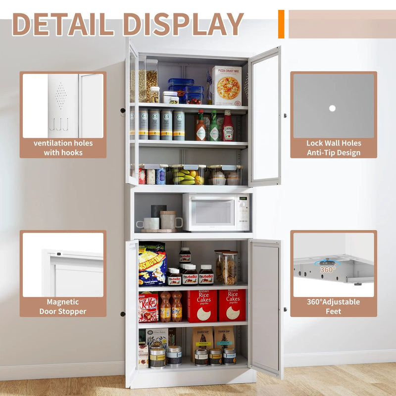 Kitchen Pantry Cabinet Tall Storage With Adjustable Shelves, Heavy Duty Stainless Steel Frame - White by HouseOfZazla