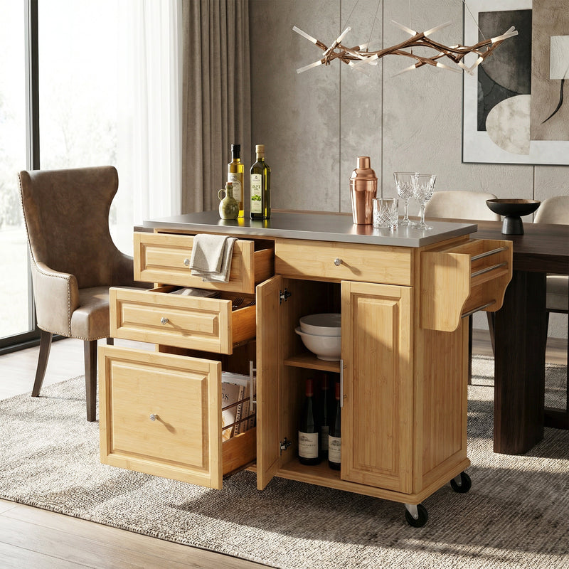 Indoor Bamboo Rolling Kitchen Island with Stainless Steel Top by HouseOfZazla