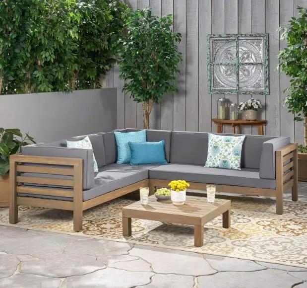 Oana Outdoor Wooden Sectional Set with Cushions, Dark Grey by HouseOfZazla