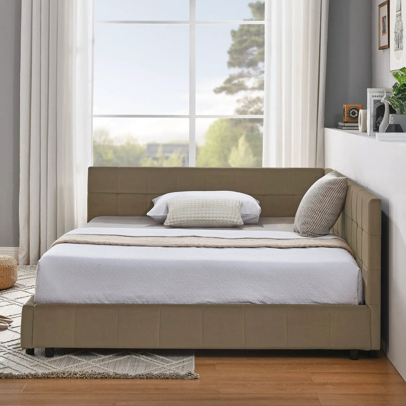 Upholstered Bed Frame With Tufted Backrest And Armrests