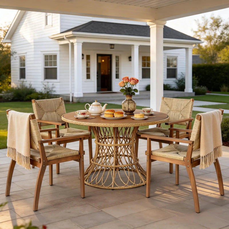 5-Piece Outdoor Dining Set: Teak Finish Round Acacia Wood Table & 4 Wicker Armchairs by HouseOfZazla