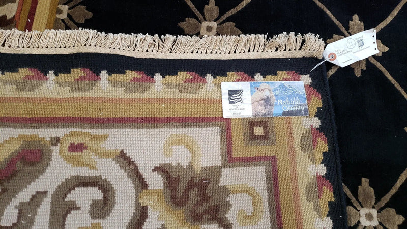 Nepal Rug 6x9, New Aubusson Nepalese Tibetan Carpet 6'1" x 8' 8", Hand-Knotted Wool, Unused, Black & Cream, Savonnerie Pattern, Soft Pile by Jewel Rugs