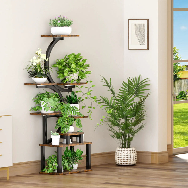 8 Tier Indoor Plant Stand With 5 Grow Lights For Living Room - Rustic Brown by HouseOfZazla