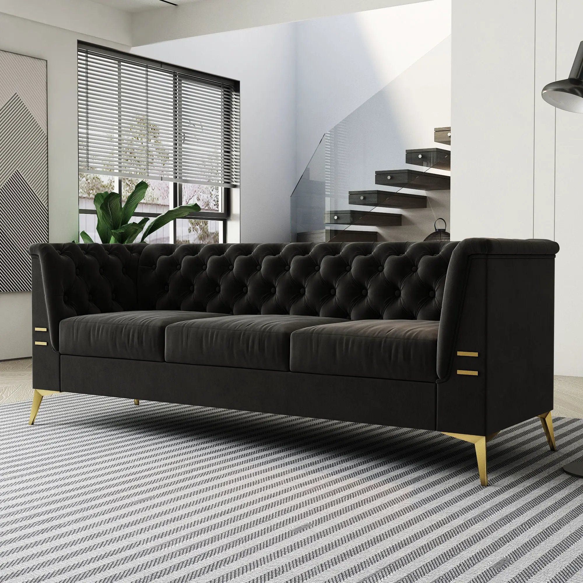 Luxurious Sofa With Legs, Modern Chesterfield Design, Tufted Upholstery, 3 Seat Couch For Living Room And Office by HouseOfZazla