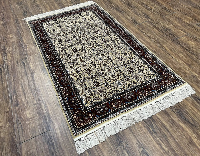 Fine Sino-Persian Silk Rug 3x5, High Quality Silk Carpet, Handmade Small Silk Rug, Allover Repeated Motif, Tan Maroon Blue Vintage Silk Rug by Jewel Rugs