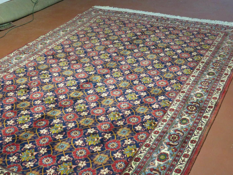 Navy Blue Antique Persian Rug 7x11, Veramin Mina Khani Repeated Allover Pattern, Vintage Authentic Hand Knotted Handmade Wool Room Sized Carpet by Jewel Rugs