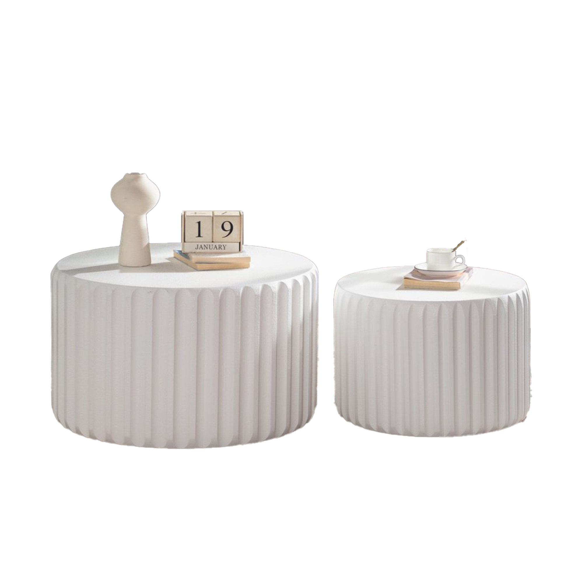 White Scalloped Round Coffee Table Set: Nesting Design, Elegant Curved-Edge Shape by HouseOfZazla