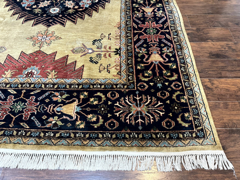 Indo Persian Heriz Rug 8x12, Camel Hair Tan and Navy Blue, Decorative by Jewel Rugs