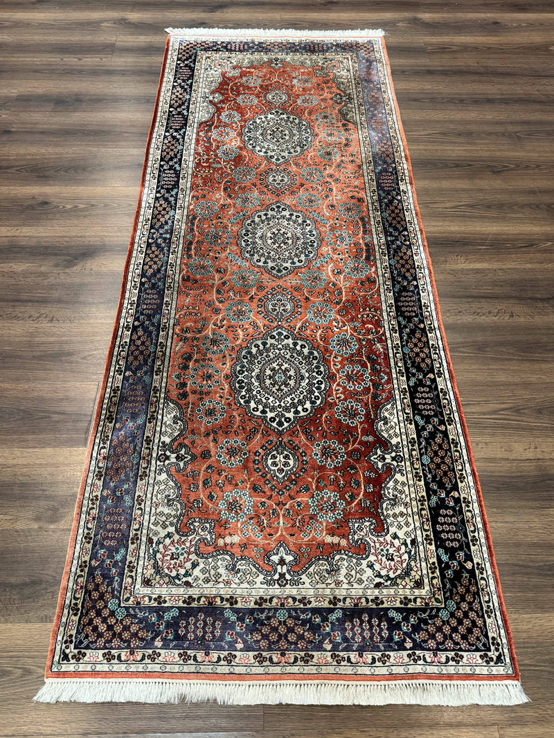 Turkish Silk Runner Rug 3x8, Short Runner Rug, Red, Floral Medallions, Very Fine 360 KPSI, 3 x 8 Runner by Jewel Rugs