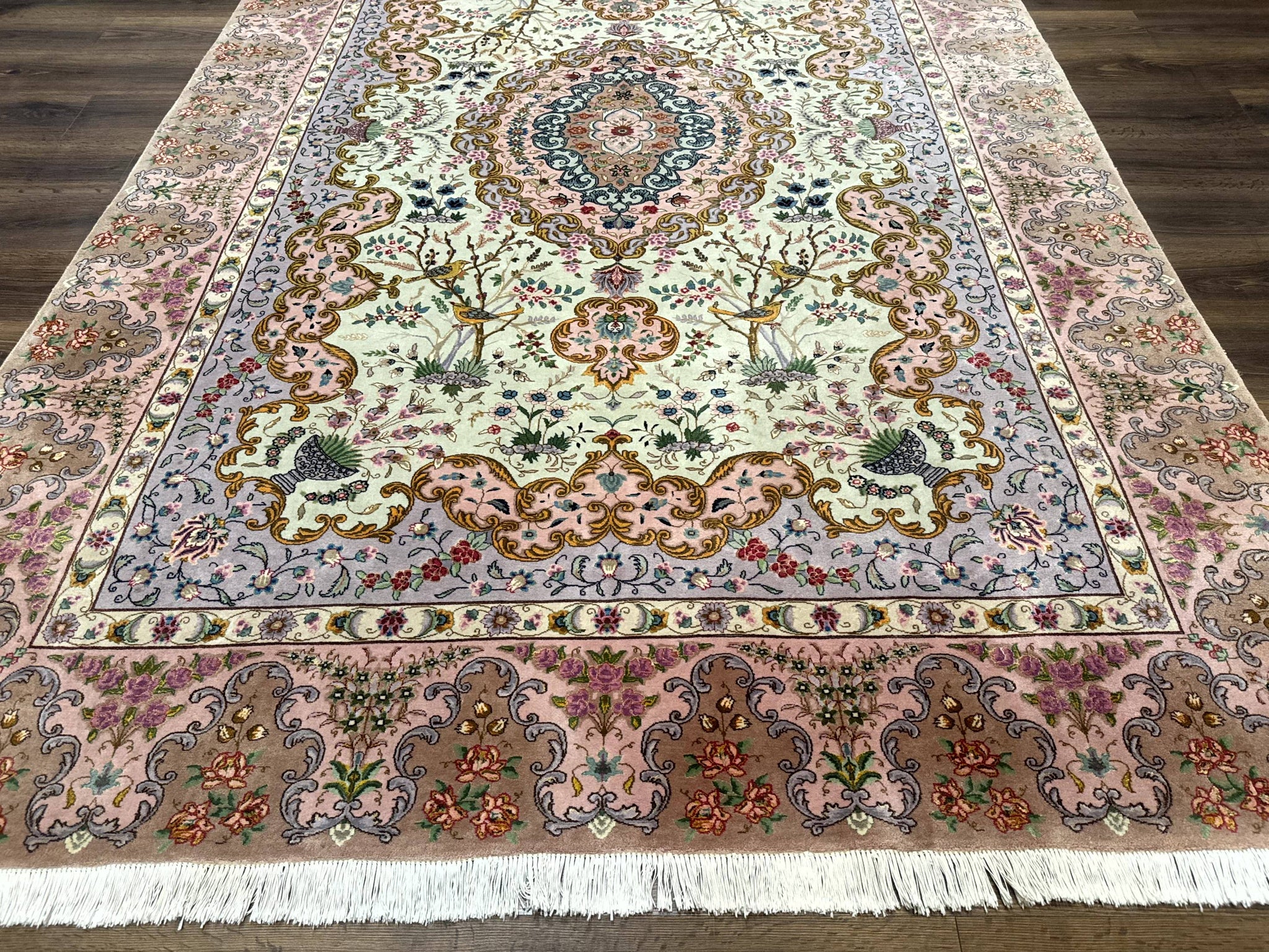 Wonderful Persian Tabriz Rug 7x10, Very Fine 330 KPSI, Light Green Light Blue Pink, Kork Wool Silk Foundation, Bird Pictorials by Jewel Rugs