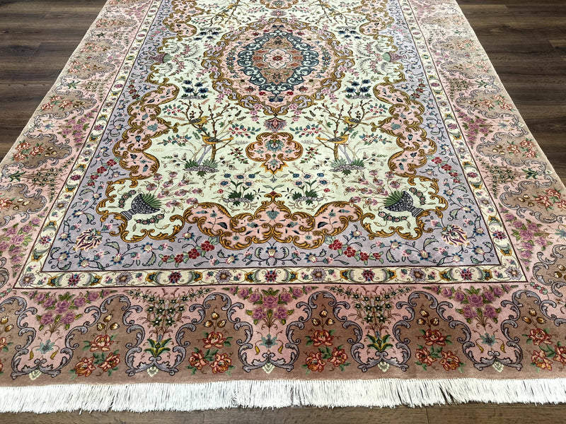 Wonderful Persian Tabriz Rug 7x10, Very Fine 330 KPSI, Light Green Light Blue Pink, Kork Wool Silk Foundation, Bird Pictorials by Jewel Rugs