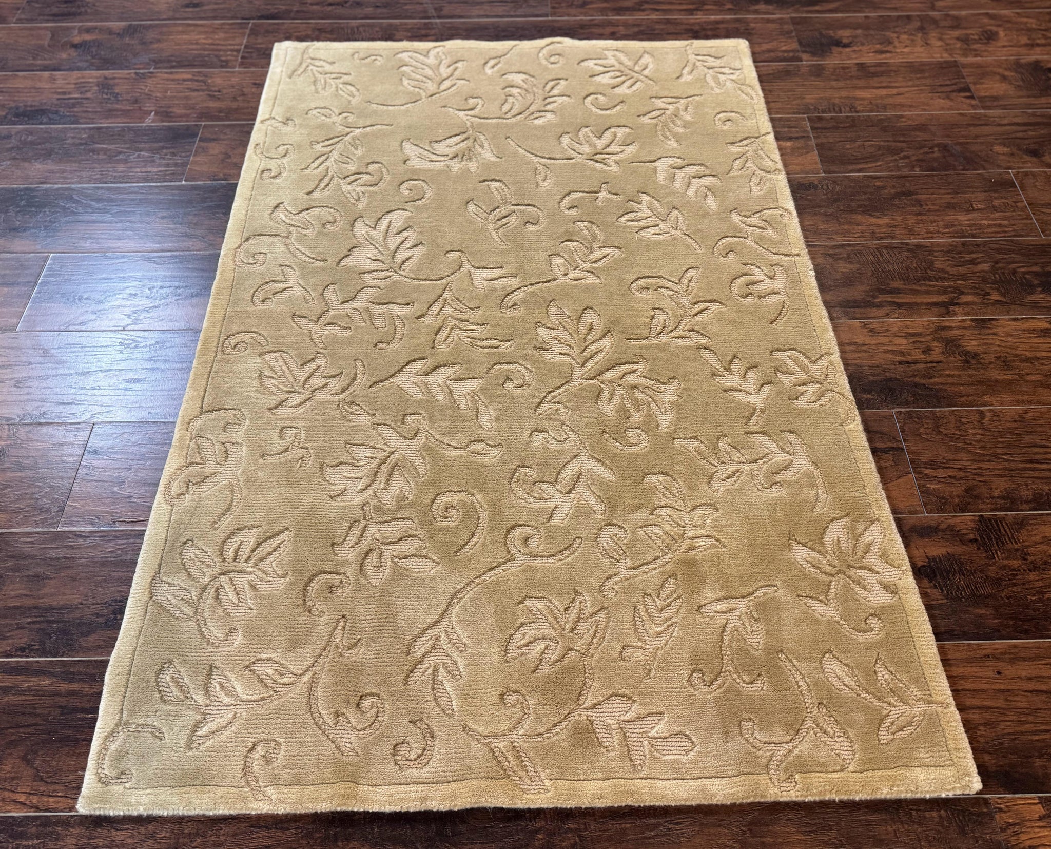 Modern Tibetan Rug 3.7 x 5.5, Carved Floral Design, Wool and Silk Highlights by Jewel Rugs