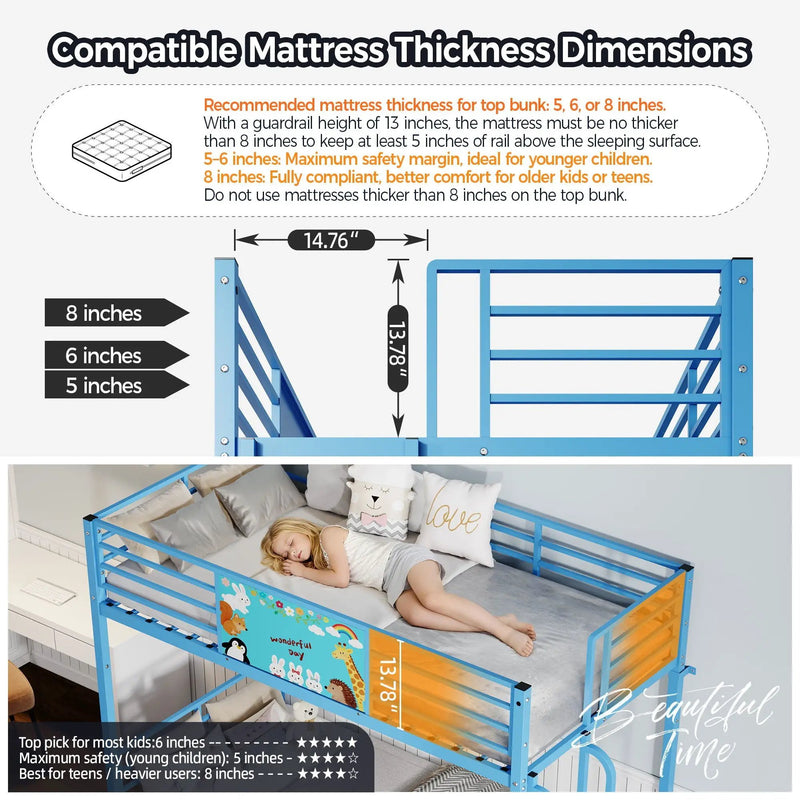Bunk Bed, Convertible To 2 Separate Twin Size Beds With Full Length Guardrail & Ladder, No Box Spring Needed - Blue by HouseOfZazla