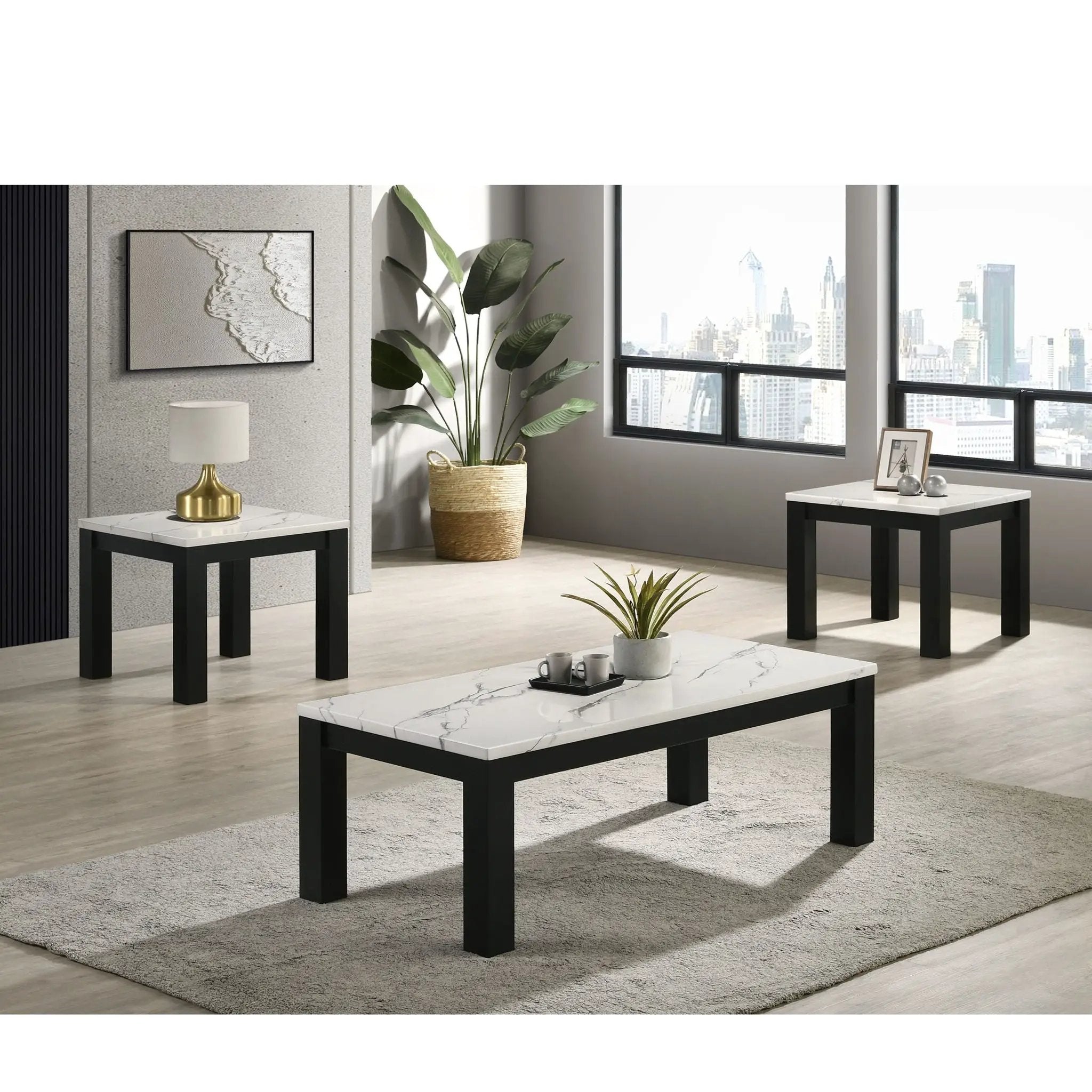 Modern 3 Piece Living Room Table Set With Faux Marble Top Wooden - Black / White by Unique Piece Furniture