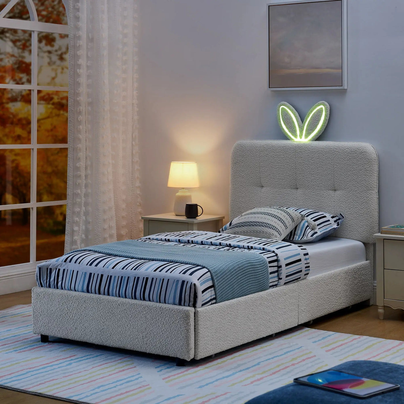 Upholstered Bed With Oversized Rabbit Ear Headboard, LED Lights & 4 Storage Drawers by Unique Piece Furniture
