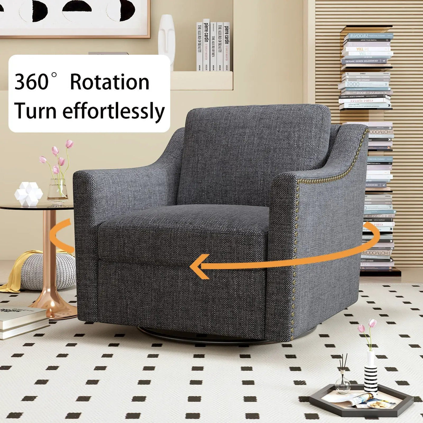 360 Degree Swivel Armchair, Skin Friendly Fabric, Ergonomic Design, Brass Nail Decorative Armchair by Unique Piece Furniture