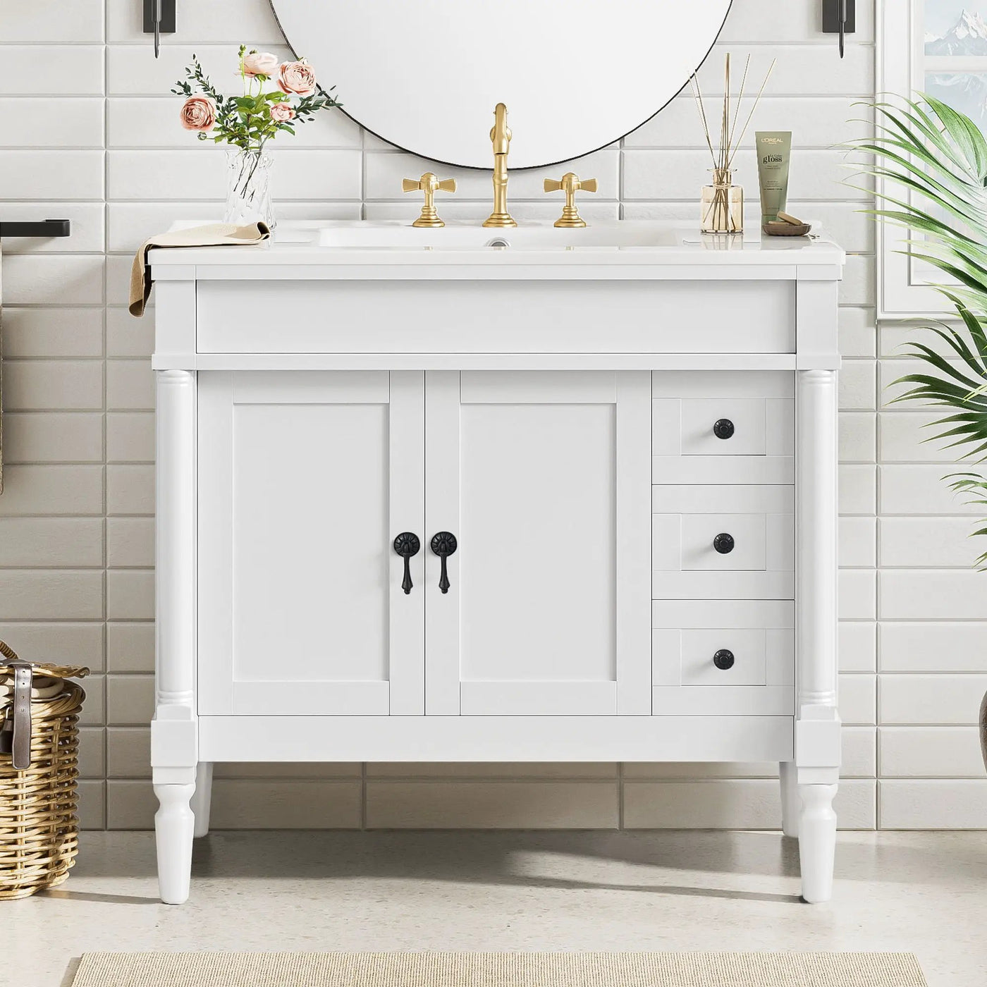 Bathroom Vanity With Ceramic Sink, 2 Doors 3 Drawers, Soft Close Design by Unique Piece Furniture