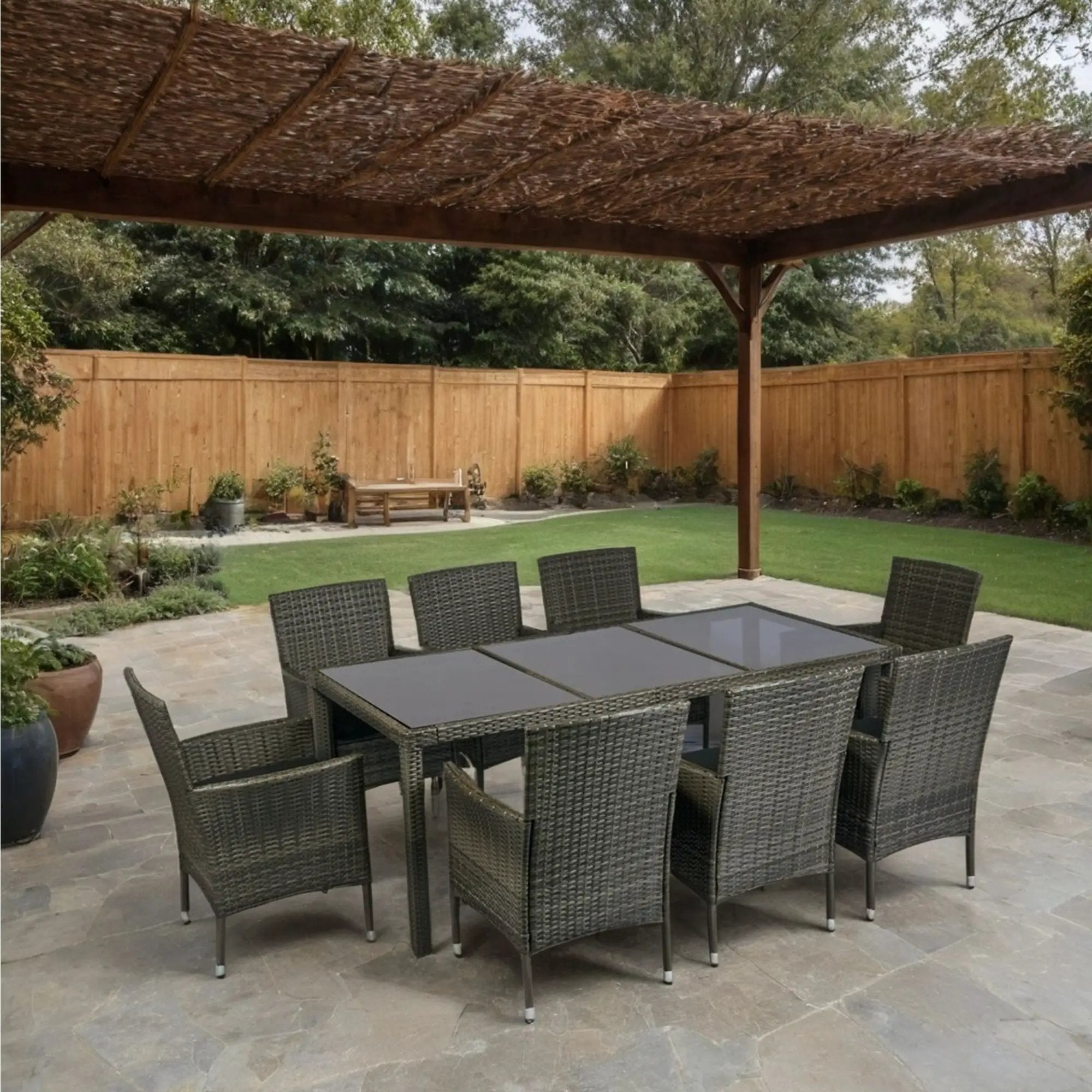 9 Piece Outdoor Patio Wicker Dining Set Patio Wicker Furniture Dining Set Glass Top - Gray / Black by HouseOfZazla