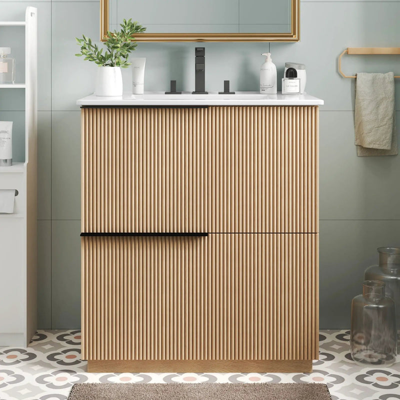 Fluted Bathroom Vanity With Ceramic Sink and Soft-Close Slides by HouseOfZazla