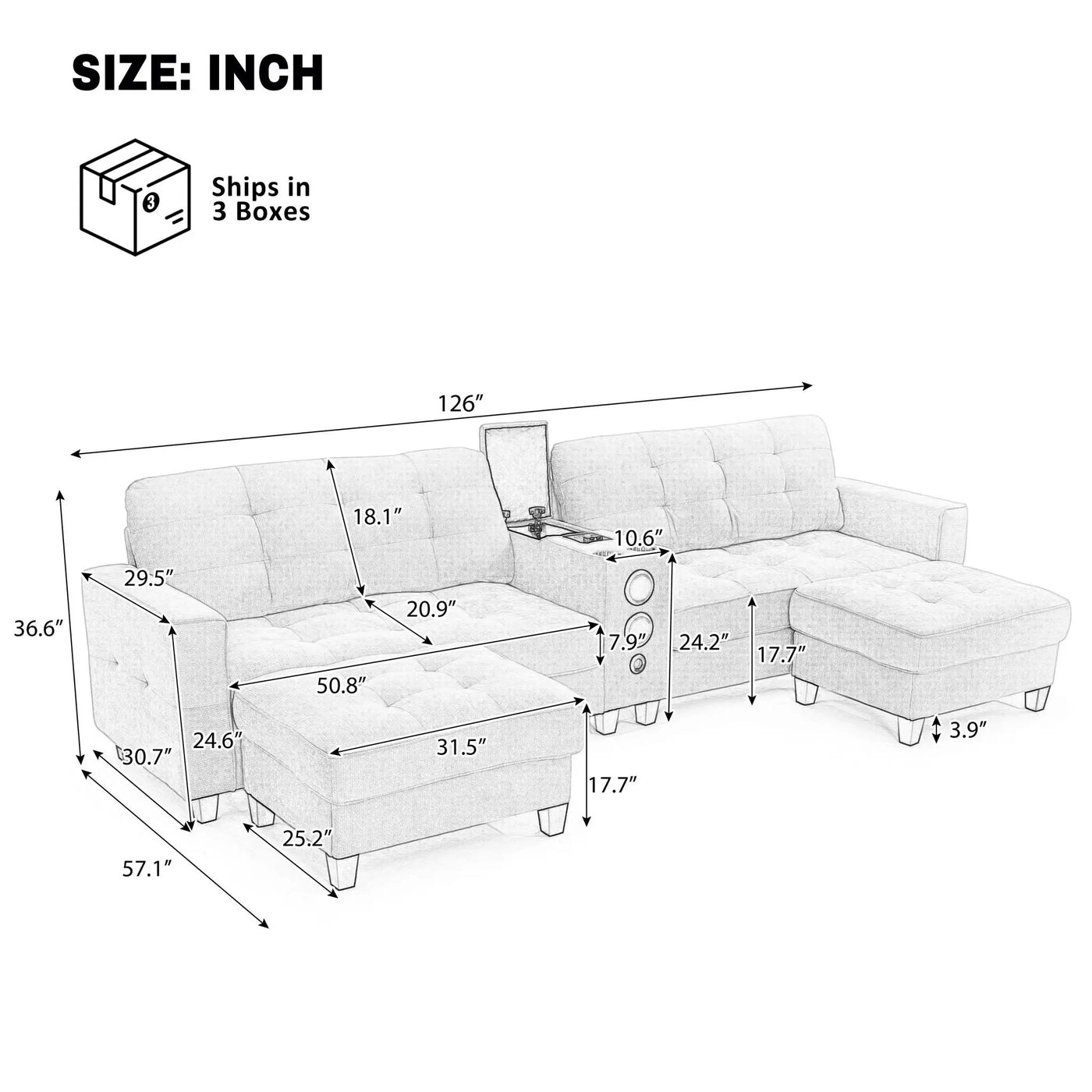 Modern Sectional Sofa U-Shaped With Movable Ottomans, Bluetooth Speakers, LED Lights And Modular Storage by HouseOfZazla