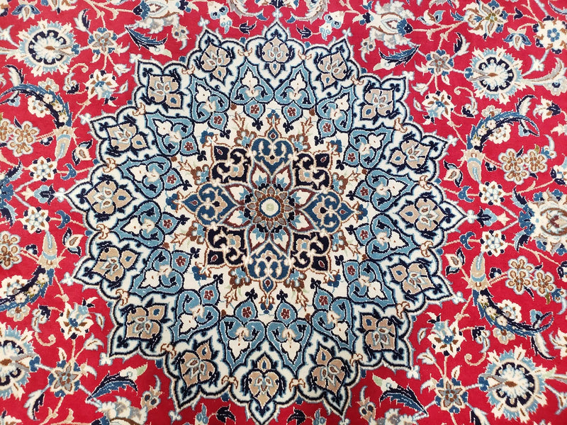 Persian Nain Rug 8x12, Red and Ivory, Signed by Jewel Rugs