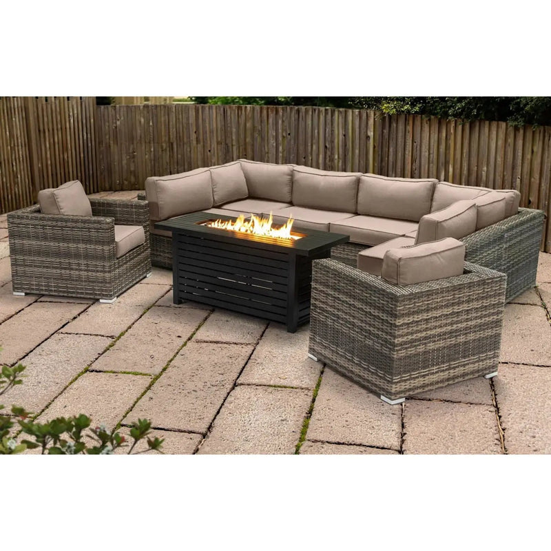 9 Piece Outdoor Sectional Set With Fire Pit Table And Cushions - Beige by HouseOfZazla