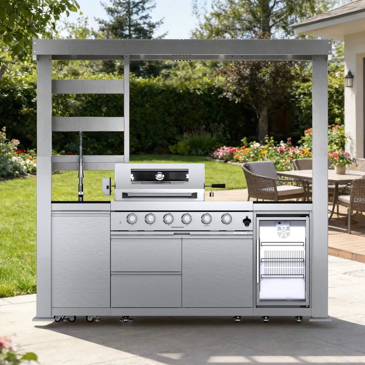 Castelle Flame Amalfi 97-Inch 4-Burner 72K BTU LP Outdoor Kitchen Grill Island With Wine Cooler, Rotisserie, Cabinets, And Granite Countertops (SAK70319) by SAKSBY WHOLESALE