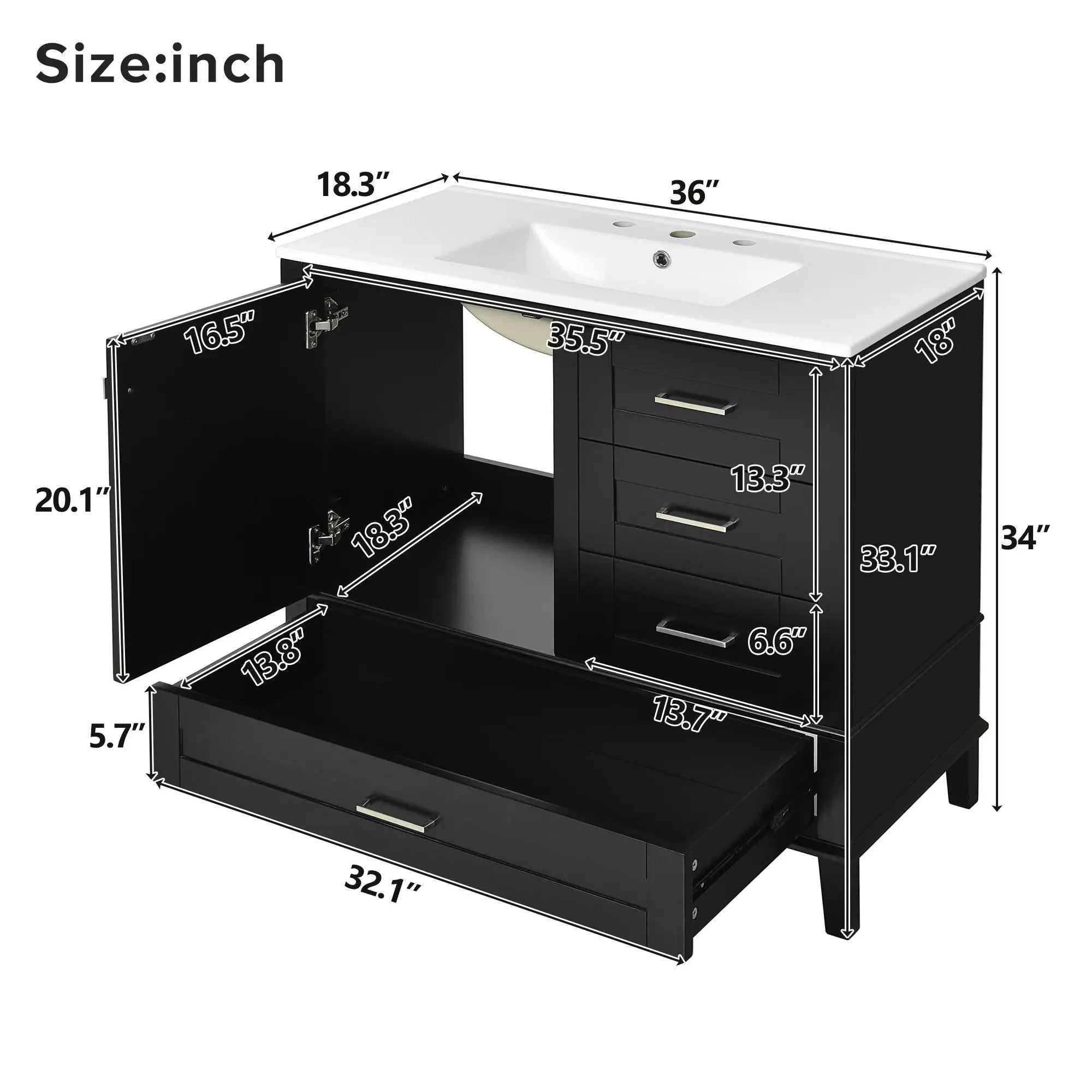 Bathroom Vanity, Modern Bathroom Cabinet With Sink Combo Set, Bathroom Storage Cabinet With A Soft Closing Door And 3 Drawers, Solid Wood Frame by Unique Piece Furniture
