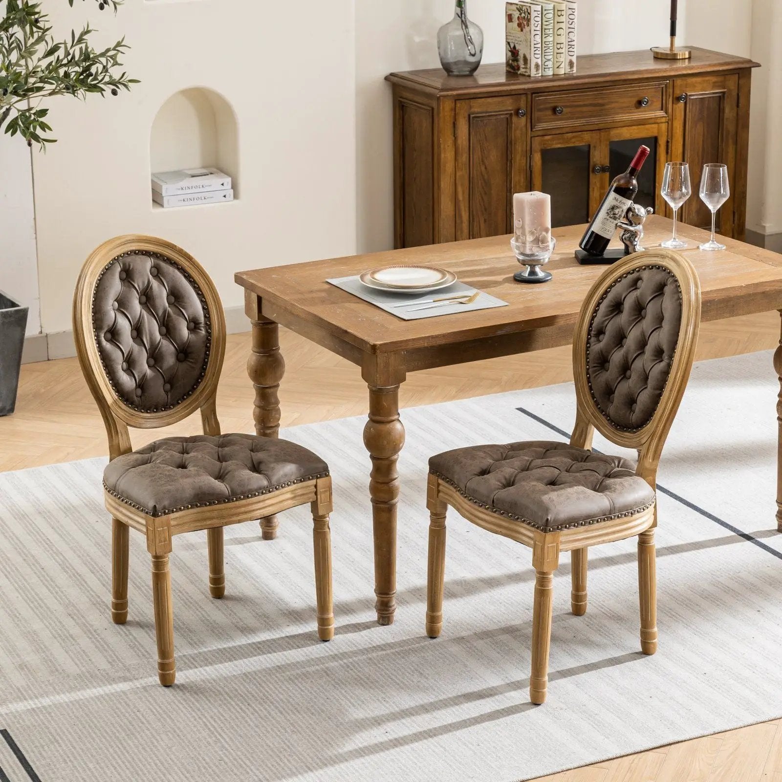 French Style Solid Wood Frame Antique Painting, Hand-Pulled Buckle Decoration Artificial Dining Chair With Nailhead Trim, Wood Legs by HouseOfZazla