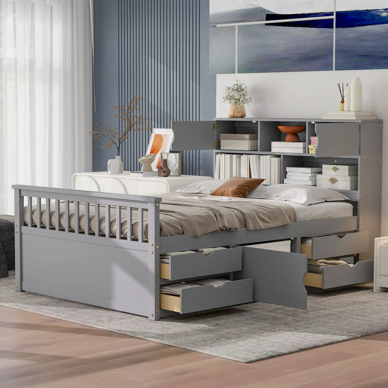Captain Platform Bed Frame With Bookcase Headboard, 4 Drawers, Storage Shelves by Unique Piece Furniture