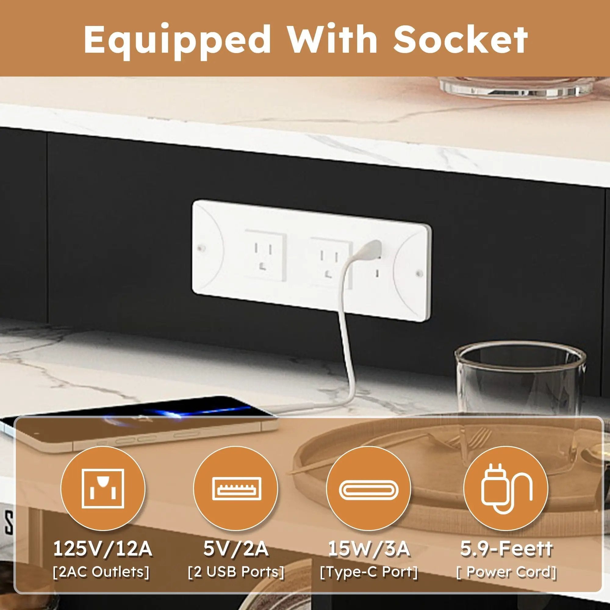 Kitchen Island With Extendable Rotating Table, 4 Drawers & Glass Door Cabinets, Built In Socket - Black