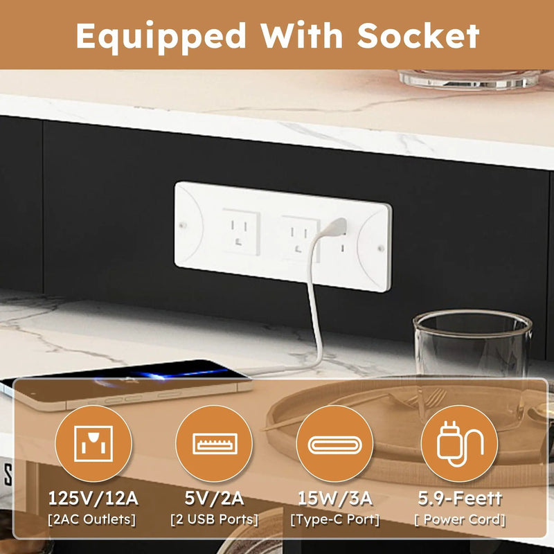 Kitchen Island With Extendable Rotating Table, 4 Drawers & Glass Door Cabinets, Built In Socket - Black