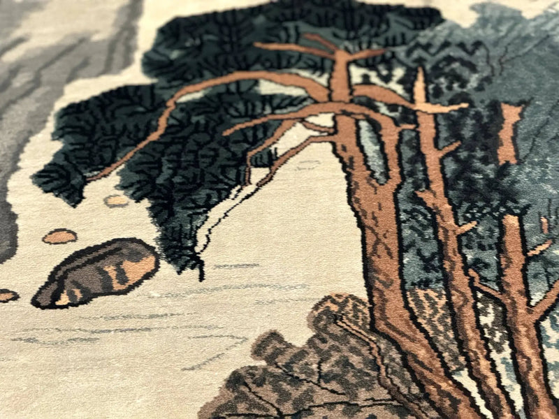 Chinese Silk Wall Hanging 3x5, Handmade, River and Boat Scene, Rug Tapestry by Jewel Rugs