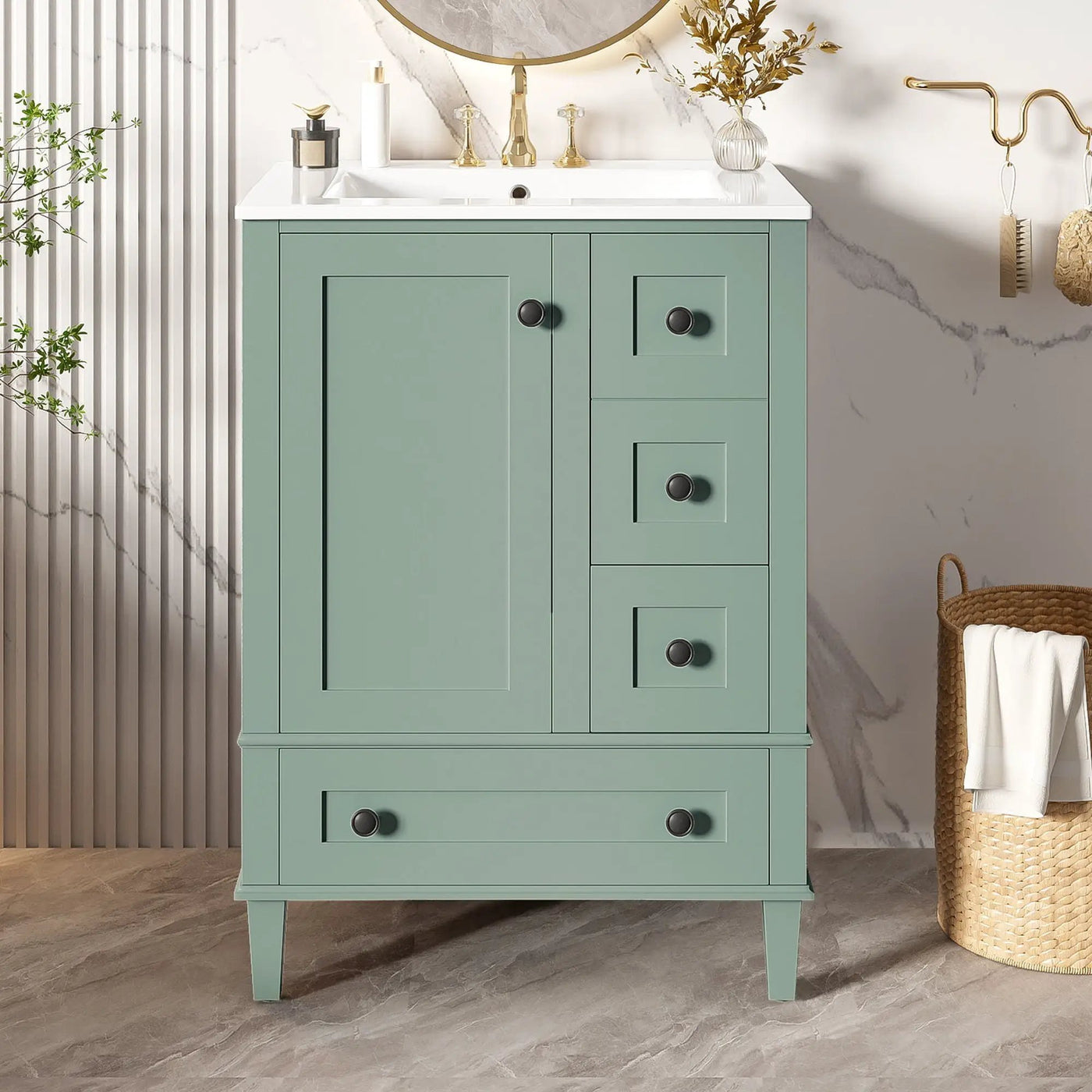 Bathroom Vanity With Integrated Basin, Soft Close Drawers, Door Mounted Double Layer Shelf by HouseOfZazla