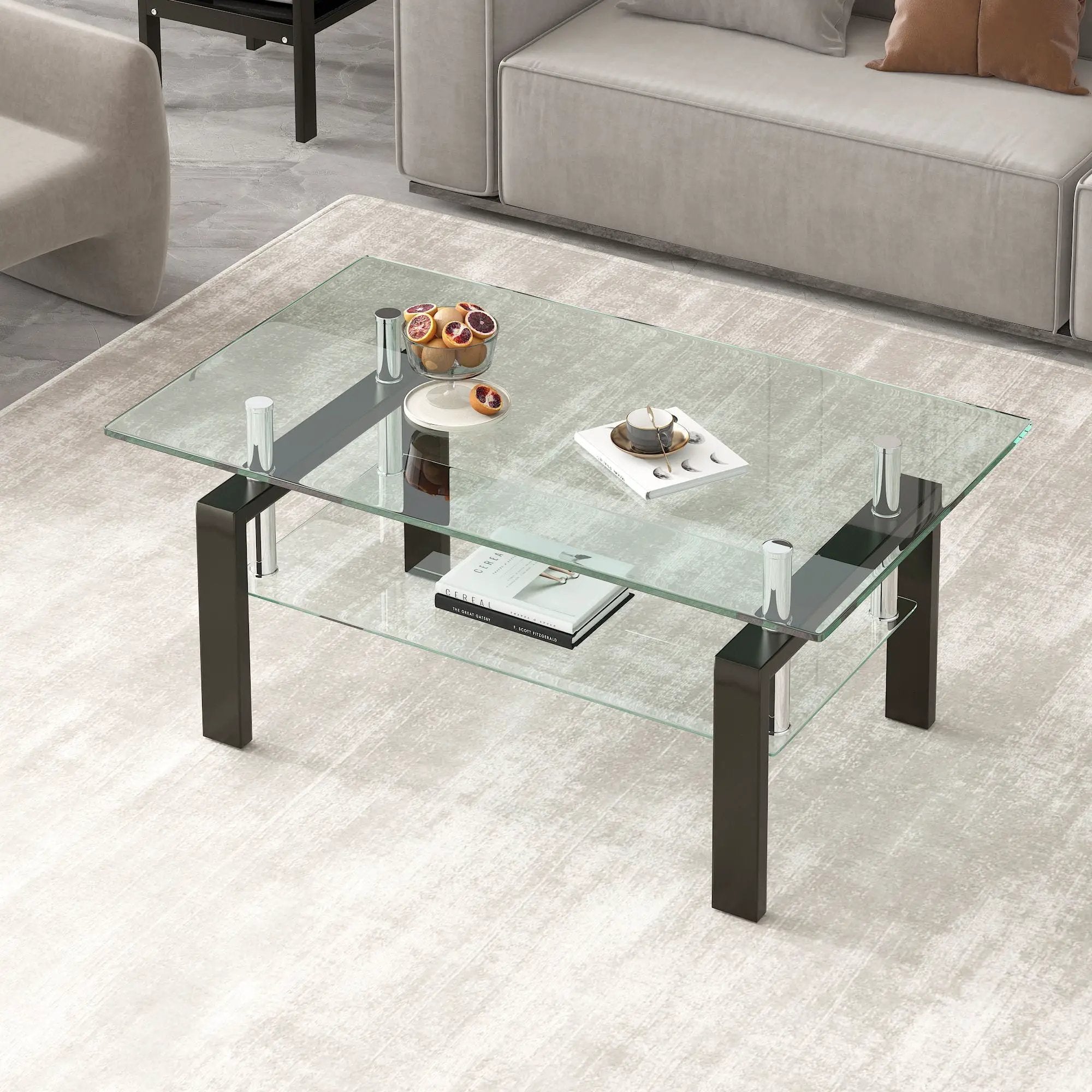 Tempered Clear Glass Coffee Table, 2-Layers Coffee Table Living Room Center Table - Black by HouseOfZazla