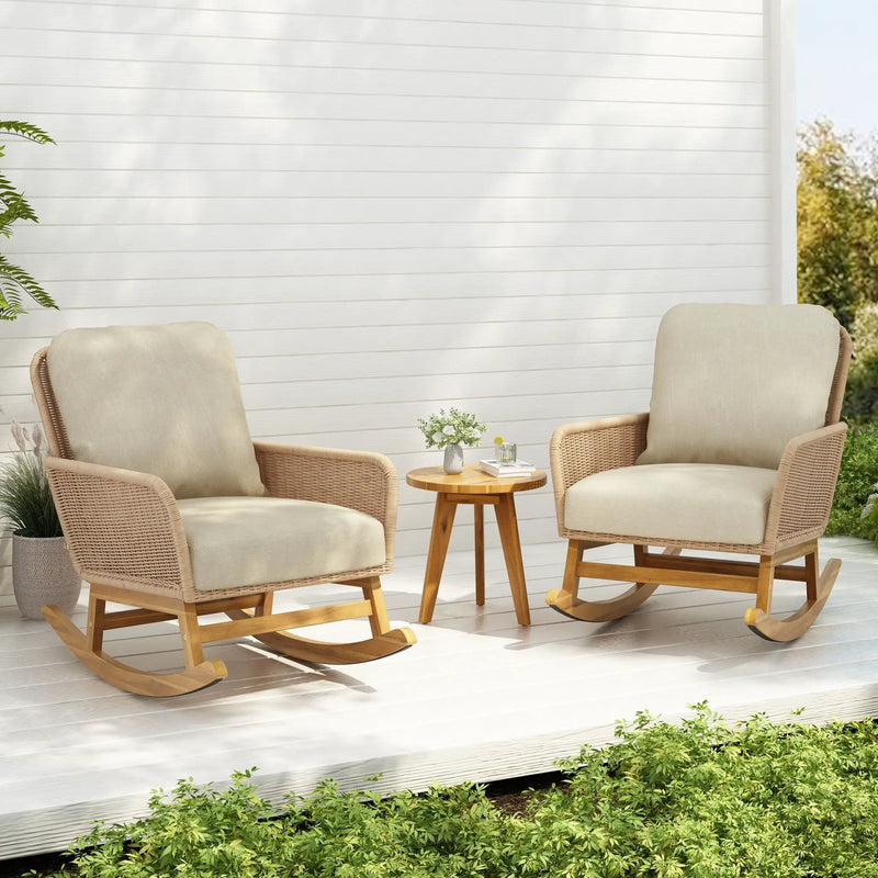 Modern 3 Piece Outdoor Seating Set with Cushioned Rattan Rocking Chairs and Wooden Accent Table by HouseOfZazla