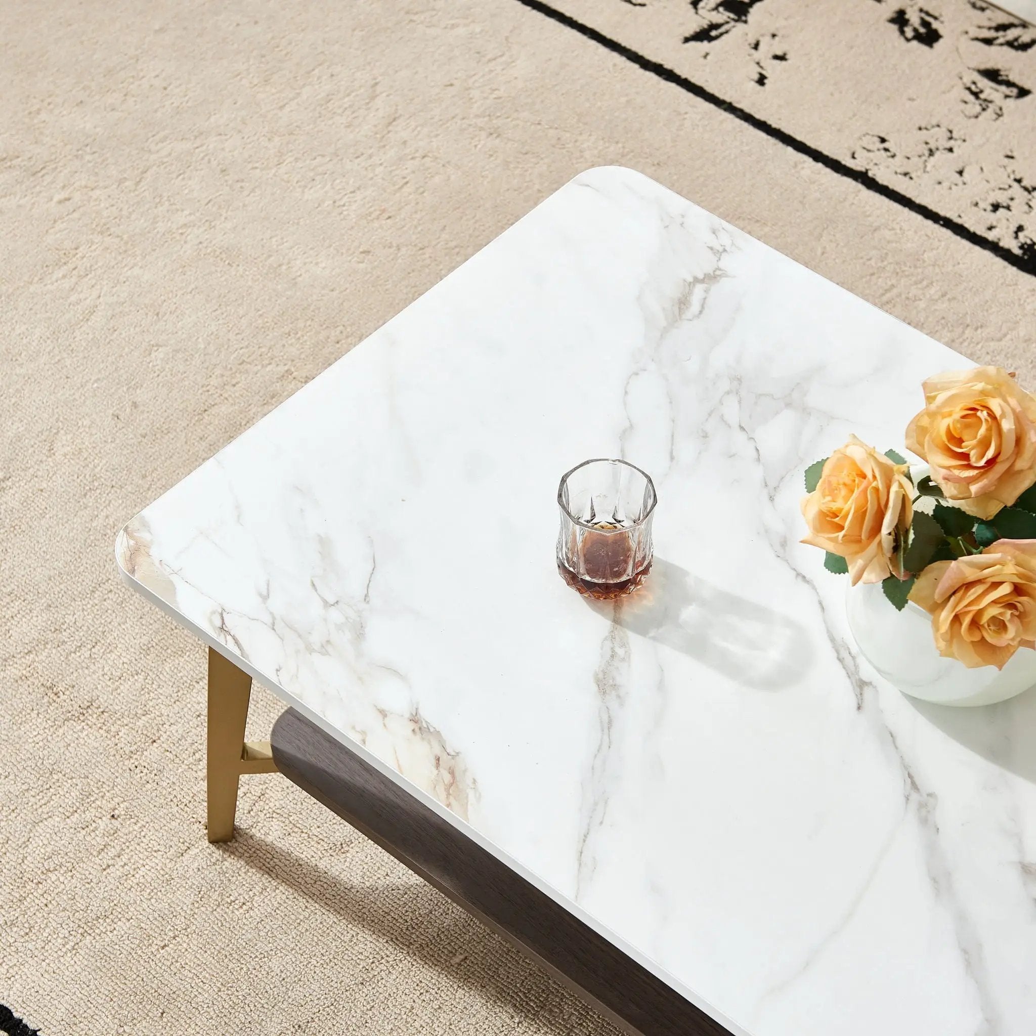 Coffee Table Rectangular Center Table For Living Room Open Space Side Table With Metal Frame - Golden / White by Unique Piece Furniture
