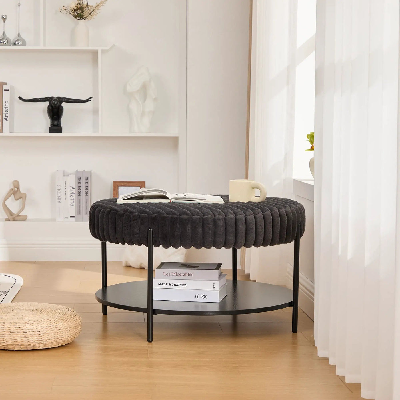 Modern Upholstered Round Ottoman Coffee Table With Storage Shelf by Unique Piece Furniture