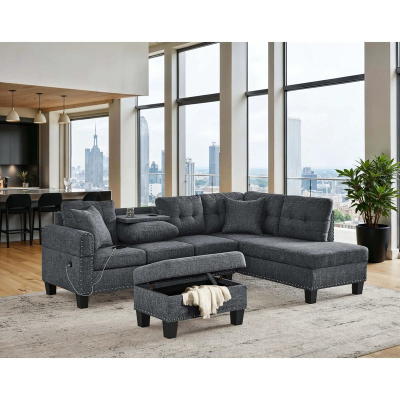 Camden - Power Sectional Sofa With Storage Ottoman And Built In Charging Ports - Gray by HouseOfZazla