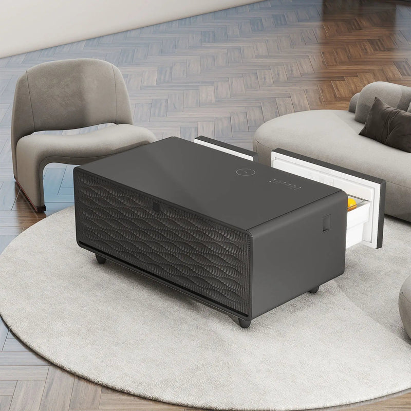 Modern Smart Coffee Table With Built-In Fridge - tooth Speaker, Wireless Charging, Touch Control Panel, USB Interface, Outlet Protection, Atmosphere Light by Unique Piece Furniture