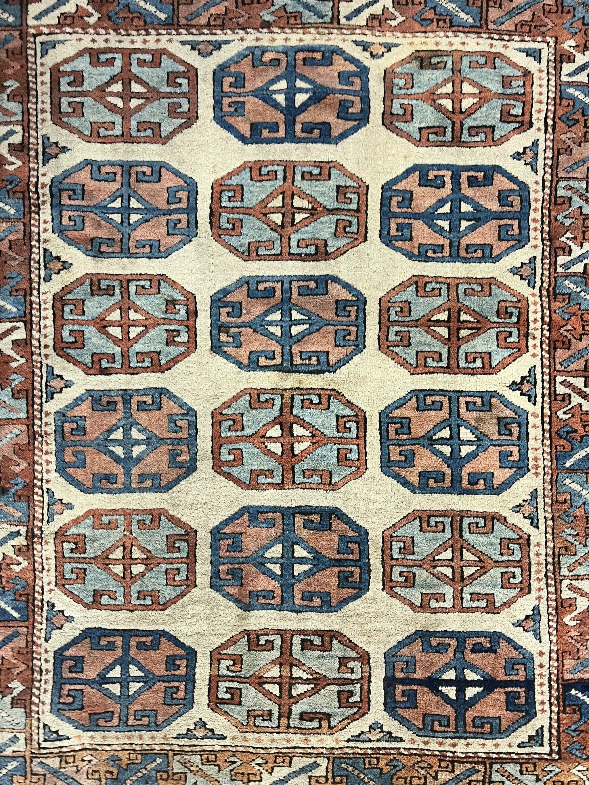 Turkish Kazak Rug 3x4, Wool Hand Knotted Handmade Vintage Carpet, Geometric Tribal Repeated Motif, Small 3 x 4 Antique Rug, Cream Red by Jewel Rugs