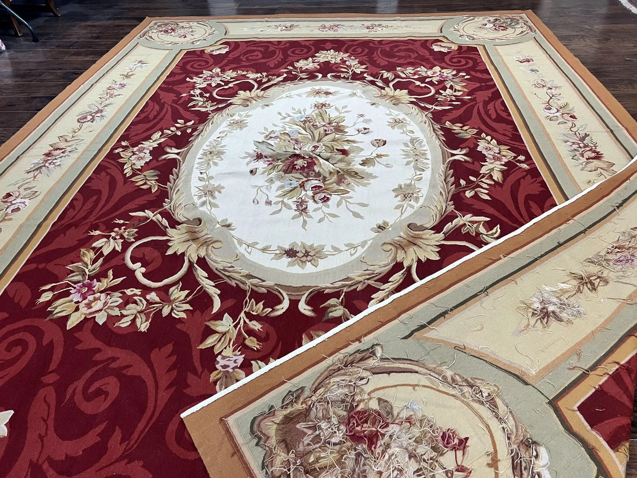 Large Aubusson Rug 10x14, Wool Handmade Vintage Carpet, Dark Red Ivory Tan, French European Elegant Aubusson Weave Rug by Jewel Rugs